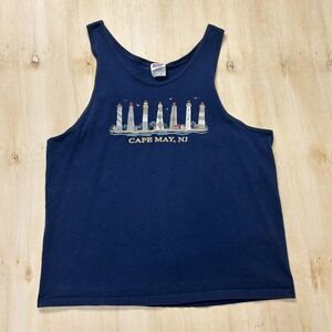 Vintage Cape May NJ Hanes Shirt Mens XL Blue Lighthouse Graphic Tank Tee T-Shirt